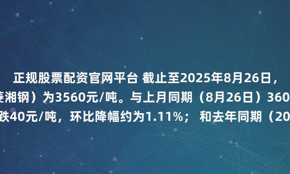 正规股票配资官网平台 截止至2025年8月26日，武汉市场碳结圆钢（华菱湘钢）为3560元/吨。与上月同期（8月26日）3600元/吨相比，价格下跌40元/吨，环比降幅约为1.11%； 和去年同期（2024年8月26日）的3440元/吨相比，价格上涨120元，同比涨幅约为3.49%。